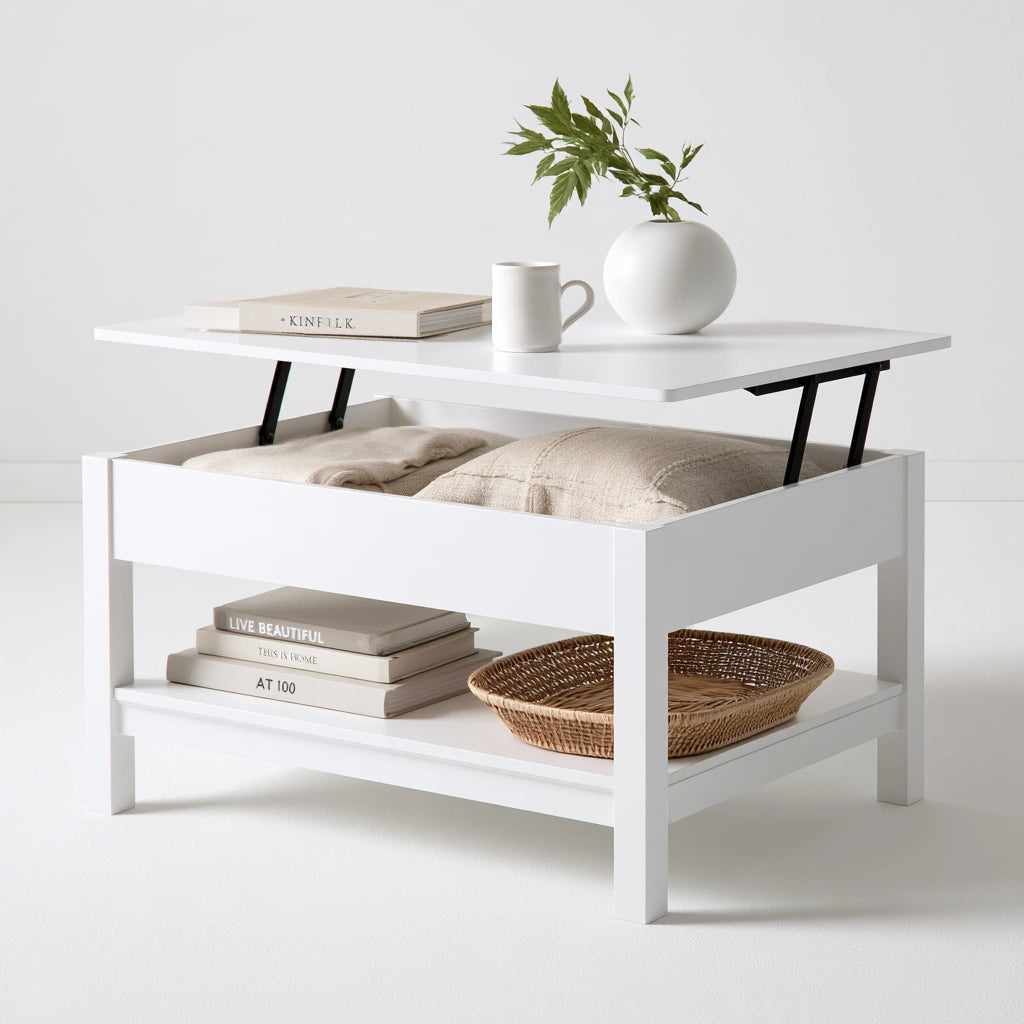 Moderner Couchtisch, mit klarer Formgebung, mit anhebbarer Platte, Farbe: weiß
