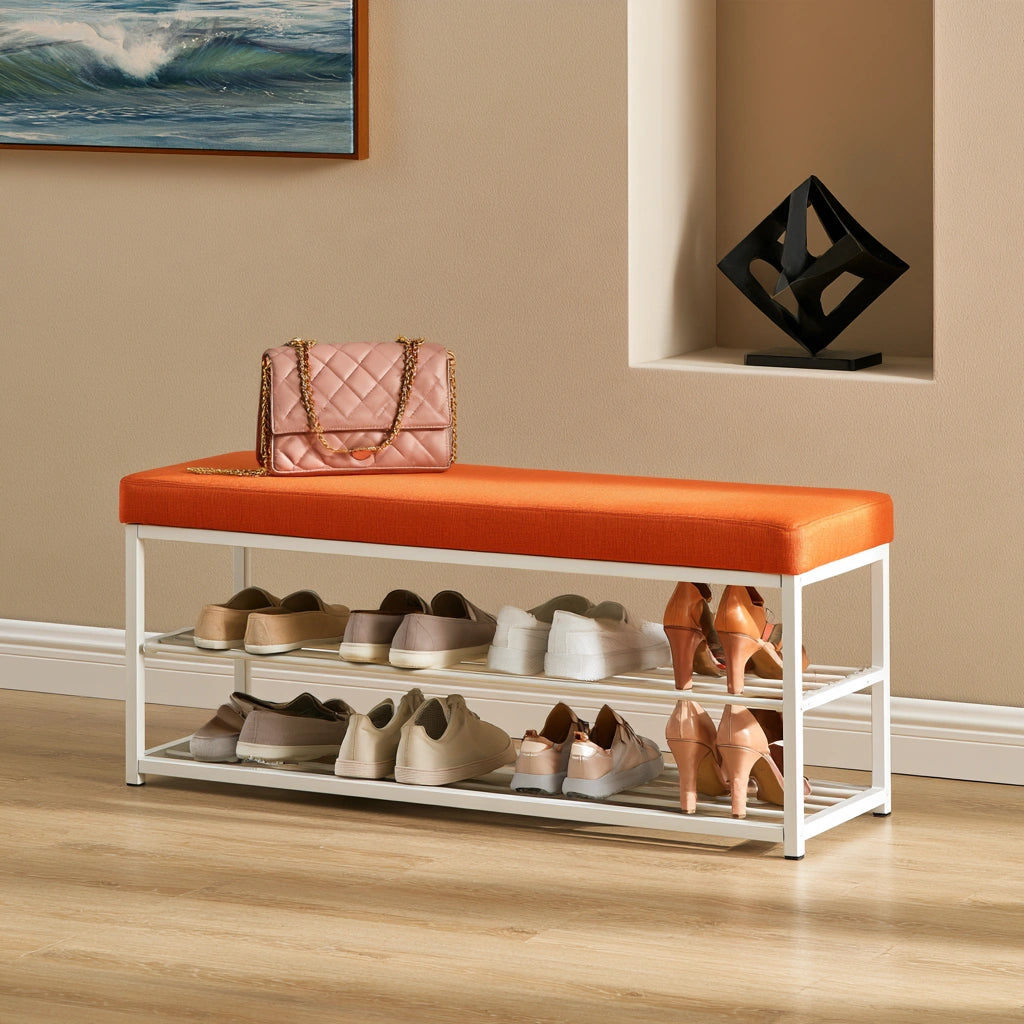 Schuhbank mit Stauraum, mit Stoffbezug, mit Stauraum, Farbe: orange und weiß