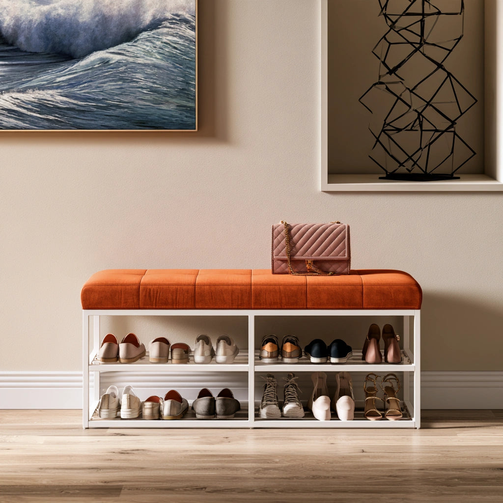 Schuhbank mit Stauraum, mit Stoffbezug, mit Stauraum, Farbe: orange und weiß