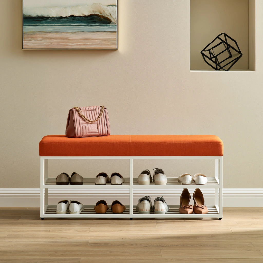 Schuhbank mit Stauraum, mit Stoffbezug, mit Stauraum, Farbe: orange und weiß